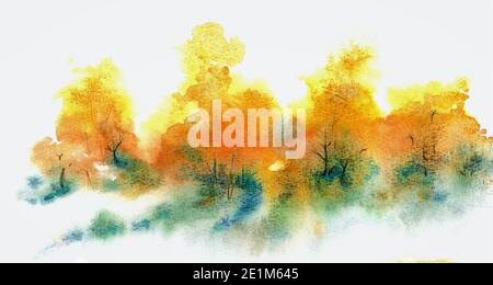 Aquarellmalerei. Abstrakte Walddarstellung in Herbstfarben. Stockfoto