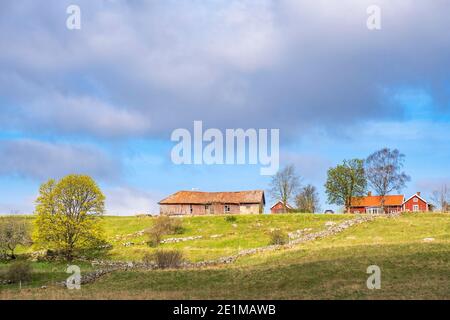 Bauernhaus auf einem Hügel in einer ländlichen Landschaft Stockfoto