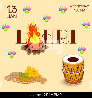 Vector Illustration eines Hintergrund für Happy Lohri urlaub Vorlage für Punjabi Festival. Stockfoto