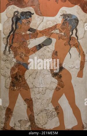 Akrotiri Bronzezeit Boxers Wandfresko im Archäologischen Nationalmuseum Athen, Griechenland. Stockfoto