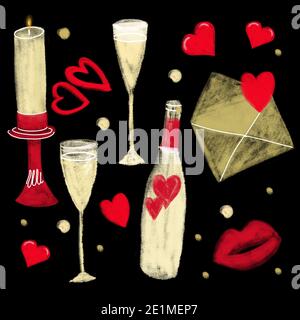 Valentinstag Satz von handgemalten Illustrationen isoliert auf schwarz Hintergrund Stockfoto