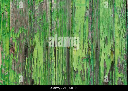 Ein abstrakter horizontaler Hintergrund aus alter Holztür mit Schälung Grüne Farbe Stockfoto