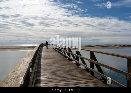 Blick auf Menschen, die über eine lange Holzpromenade nach La gehen Gaviota Strand in Andalusien Stockfoto