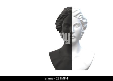 Bipolares Split Personality Konzept. Büste der Frau in zwei Farben schwarz und weiß auf weißem Hintergrund. 3D-Rendering Stockfoto