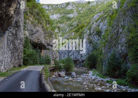 Straße durch felsigen erodierten Gelände, umgeben von Felsen und üppiger Vegetation an den Ufern, Sohodol Gorges (Cheile Sohodolului), Valcan Berge, Stockfoto