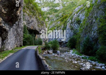 Straße durch felsigen erodierten Gelände, umgeben von Felsen und üppiger Vegetation an den Ufern, Sohodol Gorges (Cheile Sohodolului), Valcan Berge, Stockfoto