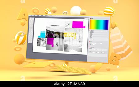 Computerbildschirm-Modell umgeben von grafischen Design-Elementen 3d Rendering Stockfoto
