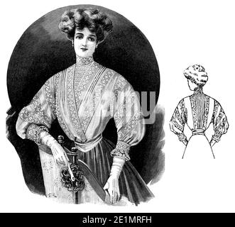 Ladies Fashion 1907, lange und elegante Linien mit Korsett, um eine eng-taillierte Figur zu erreichen, volle Brust und kurvige Hüften, mit Gibson Mädchen Frisur, frontal und Rückansicht abgeschlossen Stockfoto