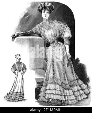 Ladies Fashion 1907, lange und elegante Linien mit Korsett, um eine eng-taillierte Figur zu erreichen, volle Brust und kurvige Hüften, mit Gibson Mädchen Frisur, frontal und Rückansicht abgeschlossen Stockfoto