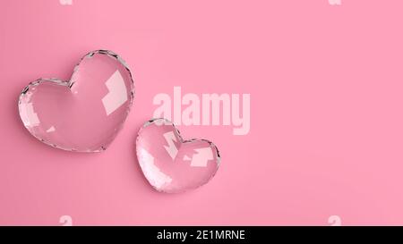 Zwei brillante Herzen auf rosa Hintergrund. Konzept Design für Valentinstag. Stockfoto