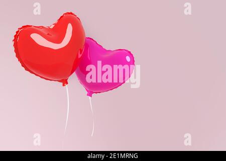 Paar Ballonherzen. Zwei Herzen fliegen auf rosa Hintergrund. Konzeptkarte am Valentinstag oder an der Hochzeit. Stockfoto