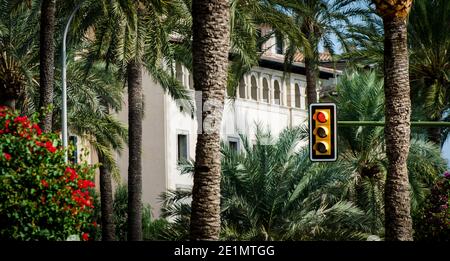 Ampel auf rot in Mallorca, Spanien. Stockfoto