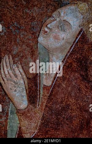 Betende Frau. Detail eines fragmentären 1400s-Freskums, das dem Renaissancekünstler Stefano d’Antonio di Vanni zugeschrieben wird (c. 1405-1483). In der Chiesa di Sant’Agostino (Kirche St. Augustine) in Volterra, Toskana, Italien. Stefano d’Antonio di Vanni war Schüler des florentinischen Malers und Bildhauers Bicci di Lorenzo (1373-1452). Stockfoto