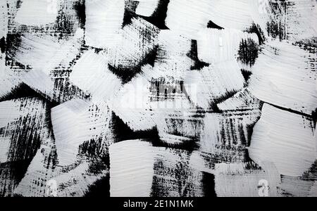 Schwarz und Weiß. Abstraktes Gemälde Hintergrund. Acryl Grunge Farbe auf Leinwand gemalt. Handgefertigt, handgezeichnet. Flach legen, Überlagerung, Grafik, Anzeige, etc. Stockfoto