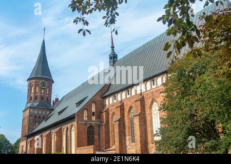 Kaliningrad, Russland - September 2020: Altes Gebäude der Kathedrale auf der Insel Kant, gotischer Tempel des 14. Jahrhunderts. Selektiver Fokus, unscharfer Hintergrund Stockfoto