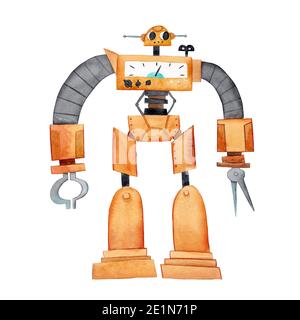 Aquarell Gelb Freundliches Android-Zeichen Mit Zwei Antennen. Aquarell Roboter Cartoon Kiddish Illustration. Stockfoto