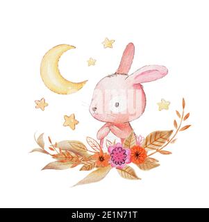 Karte mit zwei Aquarellkaninchen. Handgezeichnete Aquarell Hase Illustration. Mond, Sterne, Blumen im Hintergrund Stockfoto