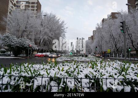 Blick auf den Schnee von den Straßen von Madrid mit den Ampeln auf der Straße in grün und rot. Kalter Tag mit viel Niederschlag in fester Form Stockfoto