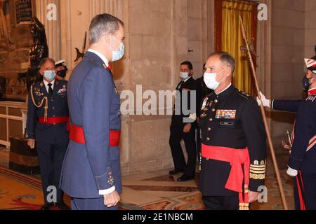 Madrid, Spanien. Januar 2021. Der spanische König Felipe VI. Empfing am Freitag, den 08. Januar 2021, im Königspalast die kommission der Vereinigung Eurodefense-Spanien in Madrid. Quelle: CORDON PRESS/Alamy Live News Stockfoto