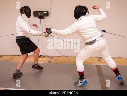 Fechten, Schwertkampfunterricht in South Carolina. Stockfoto