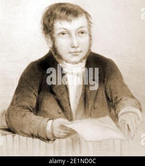 PORTRÄT VON JAMES BLOOMFIELD RUSH. Die Morde in Stanfield Hall, Norfolk, England, waren ein berüchtigter viktorianischer Doppelmord am 28. November 1848. Die Opfer, Isaac Jermy und sein Sohn Jermy Jermy, wurden auf der Veranda und im Flur ihres Herrenhauses erschossen. Sie wurden von James Bloomfield Rush (1800–1849), einem Pächter auf der Potash Farm, ermordet, der ein hinterhältiges Schema durchgeführt hatte, um die Familie zu betrügen und sie zu ermorden. Er wurde vor Gericht gestellt und am 21. April 1849 in Norwich Castle gehängt. Die unwissende Komplizin war Emily Sandford, ihre Gouvernante und Rush's schwangere Geliebte. Stockfoto