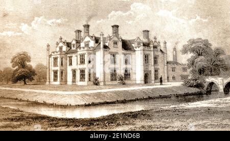 STANFIELD HALL 1849.die Morde in Stanfield Hall, Norfolk, England, waren ein berüchtigter viktorianischer Doppelmord am 28. November 1848.die Opfer, Isaac Jermy und sein Sohn Jermy Jermy wurden auf der Veranda und im Flur ihres Herrenhauses erschossen. Sie wurden von James Bloomfield Rush (1800–1849), einem Pächter auf der Potash Farm, ermordet, der ein hinterhältiges Schema durchgeführt hatte, um die Familie zu betrügen und sie zu ermorden. Er wurde vor Gericht gestellt und am 21. April 1849 in Norwich Castle gehängt. Die unwissende Komplizin war Emily Sandford, ihre Gouvernante und Rush's schwangere Geliebte. Stockfoto