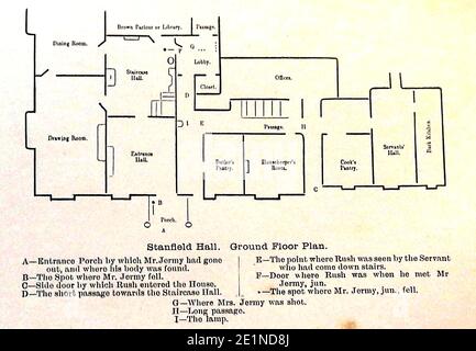 STANFIELD HALL, ERDGESCHOSSPLAN. Die Morde in Stanfield Hall, Norfolk, England, waren ein berüchtigter viktorianischer Doppelmord am 28. November 1848. Die Opfer, Isaac Jermy und sein Sohn Jermy Jermy, wurden auf der Veranda und im Flur ihres Herrenhauses erschossen. Sie wurden von James Bloomfield Rush (1800–1849), einem Pächter auf der Potash Farm, ermordet, der ein hinterhältiges Schema durchgeführt hatte, um die Familie zu betrügen und sie zu ermorden. Er wurde vor Gericht gestellt und am 21. April 1849 in Norwich Castle gehängt. Die unwissende Komplizin war Emily Sandford, ihre Gouvernante und Rush's schwangere Geliebte. Stockfoto