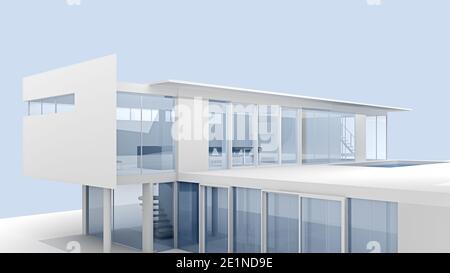 Moderne minimalistische weiße Villa außen. 3d-Rendering Stockfoto