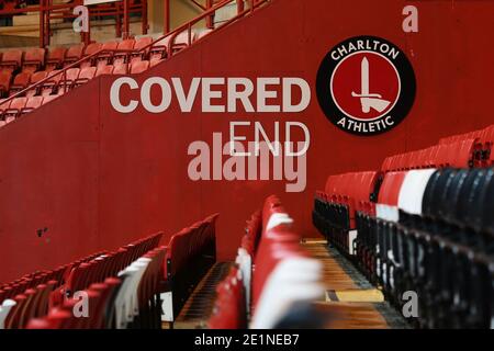 London, Großbritannien. Januar 2021. General View of the covered end sign at the Valley before the Sky Bet League 1 match at the Valley, London Picture by Ben Peters/Focus Images/Sipa USA 08/01/2021 Credit: SIPA USA/Alamy Live News Stockfoto