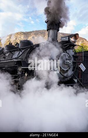 Rio Grande Dampflokomotive 482 der Durango und Silverton Schmalspurbahn (D&SNG) ab Durango Station, Colorado, USA Stockfoto