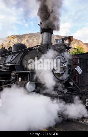 Rio Grande Dampflokomotive 482 der Durango und Silverton Schmalspurbahn (D&SNG) ab Durango Station, Colorado, USA Stockfoto