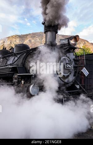 Rio Grande Dampflokomotive 482 der Durango und Silverton Schmalspurbahn (D&SNG) ab Durango Station, Colorado, USA Stockfoto