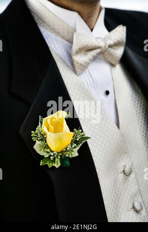 Nahaufnahme der Gelbe Rose auf der Bräutigam Smoking Stockfoto