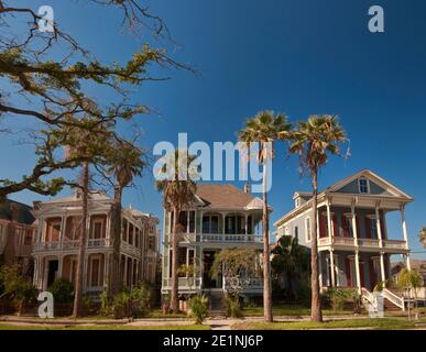 Viktorianische Arkadenhäuser an der Sealy Avenue im East End Historic District, Galveston, Texas, USA Stockfoto