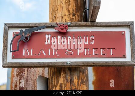 Straßenschild für die berüchtigte Blair Street in Silverton, Colorado, USA Stockfoto