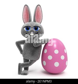 Niedlichen osterhase mit einem farbigen Ei mit Ornamenten verziert, isoliert auf weißem Hintergrund 3D-Rendering Stockfoto