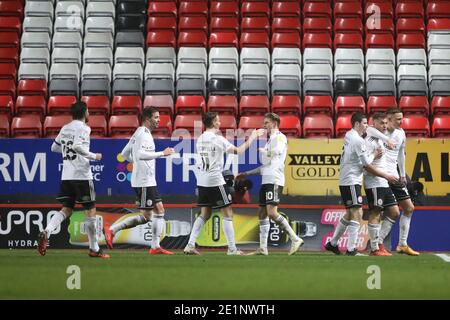 London, Großbritannien. Januar 2021. Accrington Stanley feiert sein zweites Tor während des Sky Bet League 1 Spiels im The Valley, London Bild von Ben Peters/Focus Images/Sipa USA 08/01/2021 Credit: SIPA USA/Alamy Live News Stockfoto