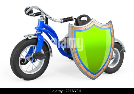 Dreirad Kinderfahrrad mit Schild, 3D-Rendering isoliert auf weißem Hintergrund Stockfoto