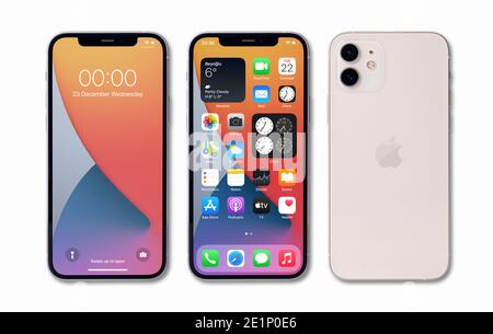 Antalya, Türkei - 08. Januar 2021: Apple iPhone 12 zeigt gesperrten Bildschirm, Home-Bildschirm und Rückseite des Telefons. Stockfoto