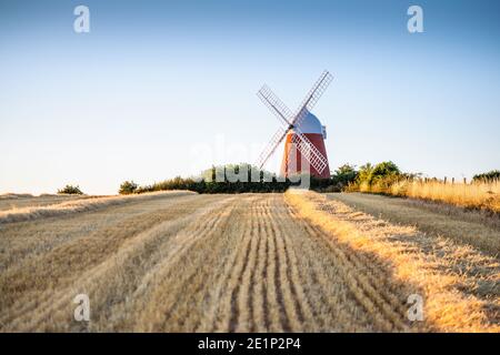 Halnaker Windmühle während des warmen Abendlichts auf dem Halnaker Hill in West Sussex, England, Großbritannien Stockfoto