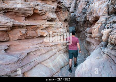 Junger Mann, der durch White Domes Slot Canyon (MR), Valley of Fire State Park, Nevada, USA, läuft Stockfoto