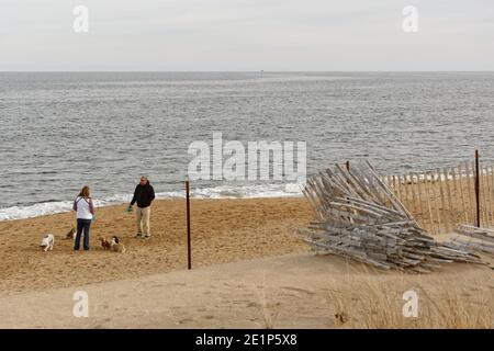 Salisbury Beach, Massachusetts - zwei Hundespaziergänger mit Haustier an der Leine stehen unter Sanddünen an einem bewölkten Winterabend. Ein Holz- und Drahtsturmzaun i Stockfoto