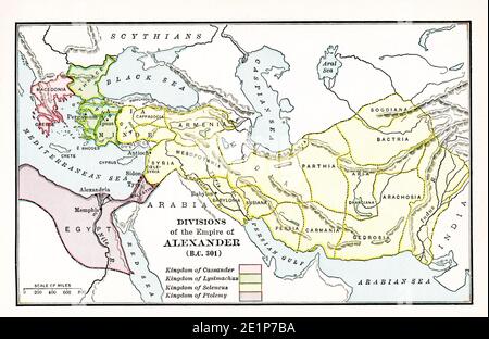 Karte der Abteilungen des Alexanderreiches im Jahre 301 v. Chr. Die Legende lautet: Rosa: Königreich von Cassander; Grün: Königreich von Lysimachus; Gelb: Königreich von Seleucus; Purpur: Königreich von Ptolemäus. Alexander der große erkrankte in Babylon bei seiner Rückkehr nach Griechenland und Mazedonien. Das Jahr war 323 v. Chr. Diese Karte zeigt die Abteilungen von Alexanders Reich unter den diadochoi (Nachfolger) zum Zeitpunkt seines Todes. Stockfoto