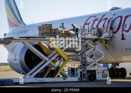 Nairobi, Botswana. Mai 2020. Flughafenmitarbeiter entladen von China gespendete Lieferungen am Sir Seretse Khama International Airport in Gaborone, Botswana, 29. Mai 2020. Kredit: Tshekiso Tebalo/Xinhua/Alamy Live Nachrichten Stockfoto