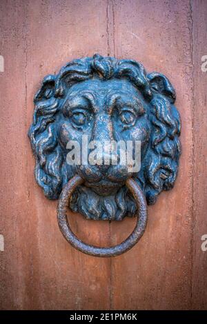 Ein alter Türklopfer in der Form eines Löwen Kopf auf eine Holztür Stockfoto