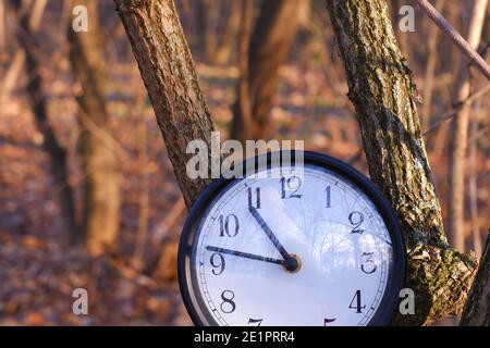 Große schwarze Uhr mit Winterwald Hintergrund Stockfoto