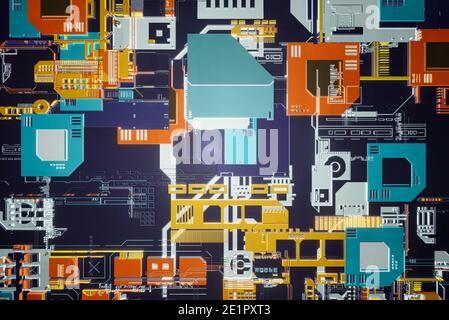 Abstract Technologie Chip Prozessor Hintergrund-Schaltung Mutter-Platine und Energie-Lichter, 3D-Illustration Stockfoto