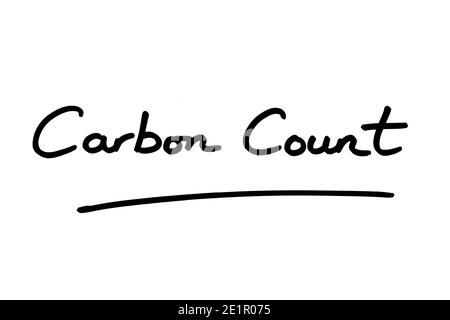 Carbon Count handgeschrieben auf weißem Hintergrund. Stockfoto