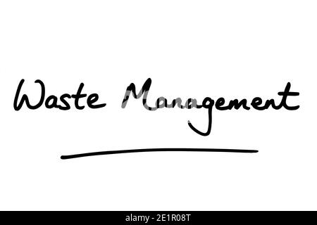 Abfallmanagement handschriftlich auf weißem Hintergrund. Stockfoto