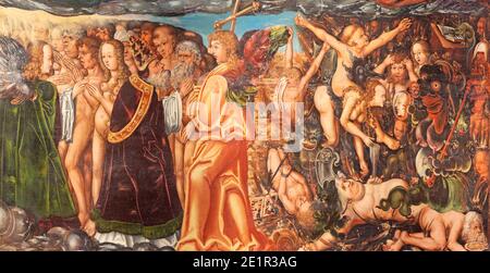 BERLIN, DEUTSCHLAND, FEBRUAR - 16, 2017: Der Teil der Malerei des Jüngsten Gerichts in der Kirche Marienkirche von unbekannten Künstler von 16. Cent. Stockfoto